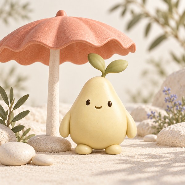 Pépin à l’ombre d’un parasol sculptural, dans un jardin lumineux.